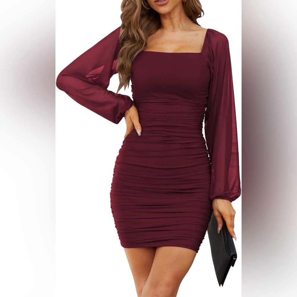Myone Square Neck Mesh Long Sleeve Ruched Bodycon Cocktail Mini Dress Size Small